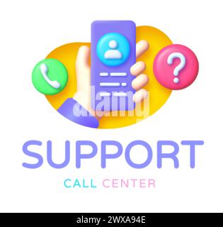 Unterstützung der Designvorlage für Call Center-3D-Vektorabbildungen. Kontaktieren Sie Uns Den Kundenservice Für Personal Assistant Service. Personenberater und Social Media Stock Vektor