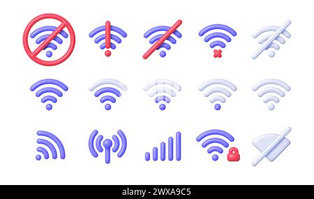 Realistisches Set mit wifi 3D-Symbolen für das Design mobiler Geräte. Globales Netzwerkverbindungskonzept. Internet-Netzwerkkonzept. Vektorgrafik Stock Vektor