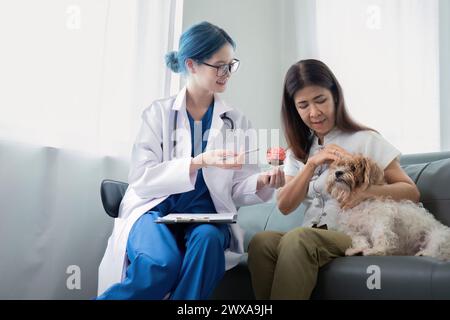 Ältere Frau mit Hund sitzt am Schreibtisch vor asiatischer Tierärztin in der Tierarztpraxis Stockfoto