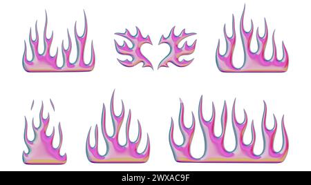 3D-Flammen. Set trendiger Y2K-Elemente. Verlaufende rosa brennende Feuerformen mit dem Effekt der Farbtransfusion. 3D-Rendering. Die Abbildungen sind isoliert Stockfoto