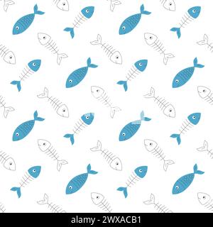Einfaches nahtloses Muster mit Fisch und Fischskelett. Für das Design von Haustierprodukten. Zeichentrick flache Vektor-Illustrationen auf weißem Hintergrund Stock Vektor