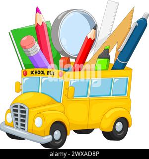 Schulbus mit Schulmaterial-Cartoon Stock Vektor