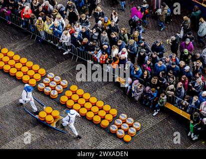 ALKMAAR - der Käse wird während der Eröffnung des ersten Käsemarktes der Saison auf dem Waagplein verkauft. ANP REMKO DE WAAL niederlande raus - belgien raus Stockfoto