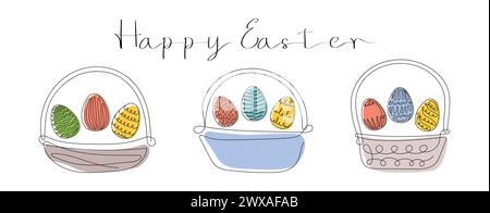 Set aus Korbkörben mit Ostereiern und Happy Easter Greeting. Durchgehende einzeilige Zeichnung. Vektor auf weißem Hintergrund isoliert. Für Osterangebote, Grußkarten, Weihnachtseinladungen. Stock Vektor