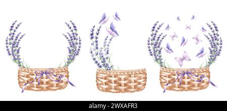 Aquarellset Lavendelblumen in Korb mit Band, Schmetterlingen. Isolierte handgezeichnete Illustration provence Bouquet. Vintage blumige Kräuter Stockfoto