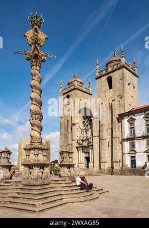 Pranger von Porto - Pelourinho do Porto - und die Kathedrale von Porto - Sé do Porto, Portugal Stockfoto