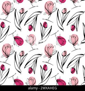 Magnolien- und Tulpenmuster im Sketch-Stil, handgezeichnet auf weißem Hintergrund Stock Vektor