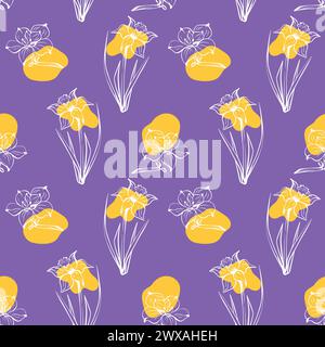 Magnolien- und Narzissenmuster im Sketch-Stil, handgezeichnet auf violettem Hintergrund Stock Vektor