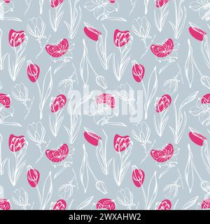 Tulpen-, Magnolien- und Narzissenmuster im Skizzenstil, handgezeichnet auf blauem Hintergrund für einzigartige Designs Stock Vektor