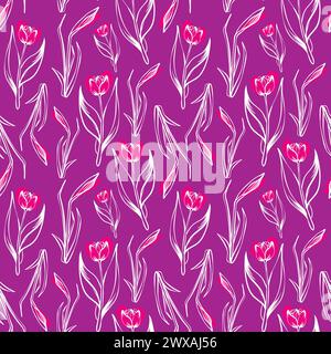 Tulpen- und Narzissenmuster im Skizzenstil, handgezeichnet auf violettem Hintergrund für einzigartige Designs Stock Vektor