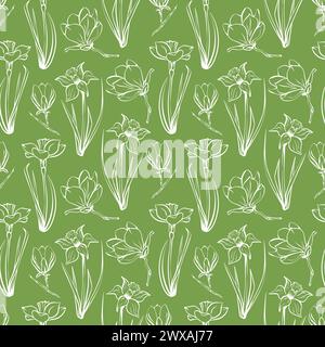 Magnolien- und Narzissenmuster im Sketch-Stil, handgezeichnet auf grünem Hintergrund für Verpackungsdesigns Stock Vektor