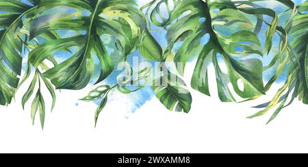 Tropische Kokosnuss, Bananenpalmenblätter, Monstera, Affenmaske, Frangipani, kräftiges, saftiges Grün. Handgezeichnete botanische Illustration mit Aquarell. Nahtlos Stockfoto