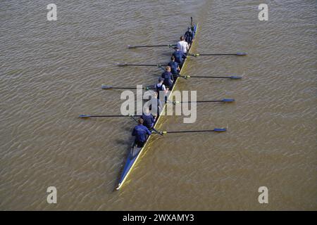 Putney, London 29 März 2024 . Die Männer der Oxford University rudern heute während eines Trainings in der Themse. Laut der Umweltkampagne River Action im Vorfeld des traditionellen Oxford Cambridge University Boot Race am Samstag, dem 30. März, wurden in der Londoner Themse hohe Mengen von E. coli gefunden. Quelle: amer Gazzal/Alamy Live News Stockfoto