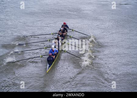 Putney, London 29 März 2024 . Die Männer der Oxford University rudern heute während eines Trainings in der Themse. Laut der Umweltkampagne River Action im Vorfeld des traditionellen Oxford Cambridge University Boot Race am Samstag, dem 30. März, wurden in der Londoner Themse hohe Mengen von E. coli gefunden. Quelle: amer Gazzal/Alamy Live News Stockfoto