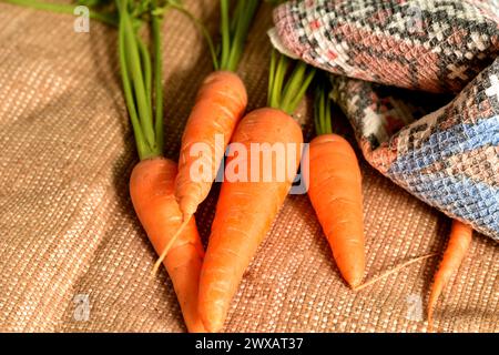 Auf dem Bild liegt ein rotes Karottengemüse auf einem Tuch. Stockfoto