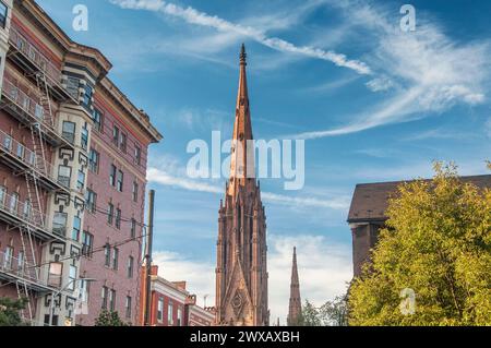 Die historische gotische First und Franklin Presbyterian Church in Mount vernon auf Baltimore Maryland. Stockfoto