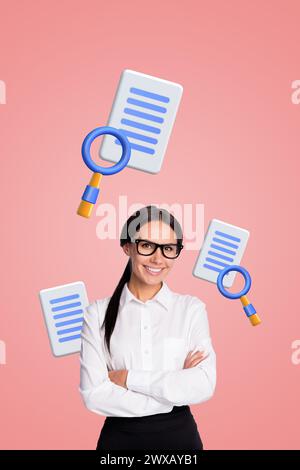 Vertikale kreative Foto-Collage stehend junge Sekretärin Recruiter Geschäftsfrau Lupenschleife Suche Dokument Vertrag Vakanz Stockfoto