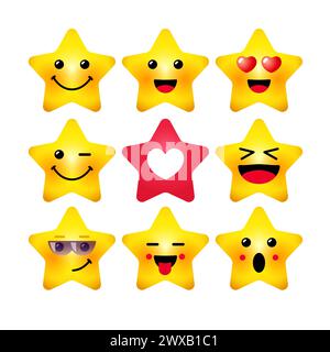 Set mit niedlichen Sternen, Sammlung von 3D-Emoticons. Positive und freundliche Symbole. Sternform mit gelben Gesichtern. Animationsidee. Internet Messenger-Konzept. Stock Vektor