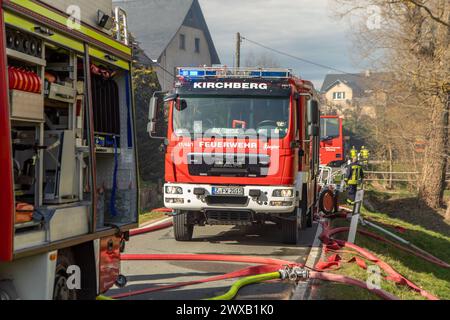 240329Brand News ID: EN 2024 29.03.2009 unterstand komplett niedergebrannt Feuerwehr kann übergreifen auf Wohnhäuser verhindern Kirchberg OT Stangengrün. Auf der Hirschfelder ist am Karfreitag gegen 14:30 Uhr ein Brand in einem Unterstand ausgebrochen. Zahlreiche Einsatzkräfte der Feuerwehr sind seitdem damit beschäftigt, den Brand zu löschen. Mehrere Trupps unter schwerem Atemschutz kommen dabei zum Einsatz. Vor Ort muss eine stabile Wasserversorgung aus einem Teich in der Nähe aufgebaut werden. Dazu müssen mehrere, zirka 80 Meter lange Schlauchleitungen zum Brandort verlegt werden. Mit zwei Stockfoto