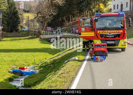 240329Brand News ID: EN 2024 29.03.2009 unterstand komplett niedergebrannt Feuerwehr kann übergreifen auf Wohnhäuser verhindern Kirchberg OT Stangengrün. Auf der Hirschfelder ist am Karfreitag gegen 14:30 Uhr ein Brand in einem Unterstand ausgebrochen. Zahlreiche Einsatzkräfte der Feuerwehr sind seitdem damit beschäftigt, den Brand zu löschen. Mehrere Trupps unter schwerem Atemschutz kommen dabei zum Einsatz. Vor Ort muss eine stabile Wasserversorgung aus einem Teich in der Nähe aufgebaut werden. Dazu müssen mehrere, zirka 80 Meter lange Schlauchleitungen zum Brandort verlegt werden. Mit zwei Stockfoto