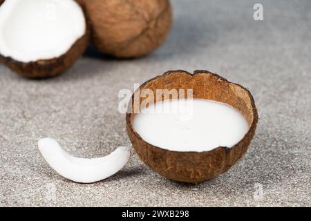 Kokosmilch in Kokosnussschale und Kokosnuss, gehacktes Fleisch auf grauem Hintergrund Stockfoto