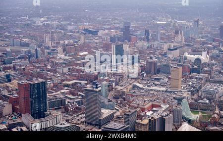 Eine Luftaufnahme des Stadtzentrums von Manchester, Nordwesten Englands, Großbritannien Stockfoto