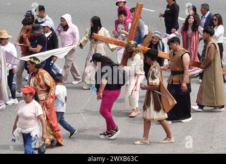 CUENCA-VIACRUSIS-SEMANA SANTA-TURI Cuenca, Ecuador 29 de marzo de 2024. Descalzo y con una cruz de madera de MAS de 200 libras sobre sus hombros, Marco Pintado recorrio las 14 estaciones del Via crucis de la parroquia Turi en Cuenca. El personifica a a Jesus desde hace anos, cuando heredo el legado de su padre, que Practice este rito por 14 anos, en la procesion en Honor al Senor de la Buena Muerte, una de las Mas tradicionales que se celebran en la Capital azuaya en Semana Santa. La procesion, que inicio a las 09:30 de hoy, viernes 29 de marzo de 2024, en los Tres Puentes, es liderada por un gru Stockfoto