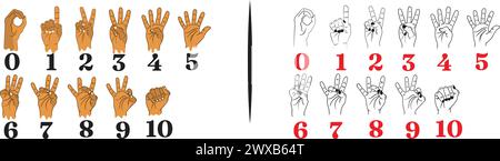 Sprache für taube Stummschaltung. Amerikanische Taubstummschaltung, Buchstaben für Handgesten, ASL Alphabet American Sign Language Zahlen Buchstaben Stock Vektor