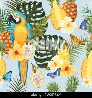 Nahtloser Ara, Ananas und Blumen Stock Vektor