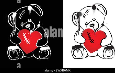 Graffiti-Teddybär mit gebrochenem Herzen, druckbare schwarz-weiße Illustration Stock Vektor