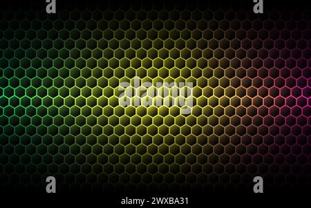 Hintergrund des Sechseckspiels. Dunkle Hintergrundbilder mit Farbverlauf. Abstrakte technische Textur. Moderne Neonzellen. Futuristisches Wabendesign. Vektor Stock Vektor
