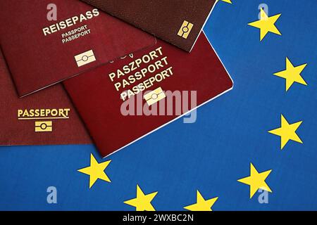 eu-Länder Pässe auf blauer EU-Flagge aus nächster Nähe. Portugiesische, deutsche, französische und polnische Reisepässe Stockfoto