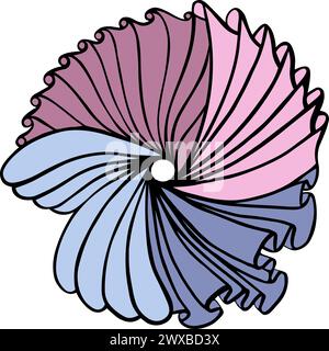 Das Bild zeigt eine stilisierte Illustration von Schmetterlingen oder Motten. Die Flügel bestehen aus sich überlappenden gekrümmten Segmenten in Rosa, Violett und Blau Stockfoto