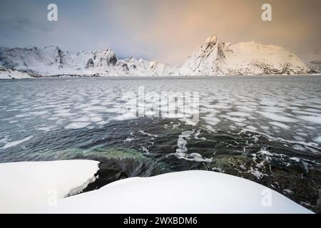 Eisschollen im Fjord, schneebedeckte Berge, Reinefjord, Hamnoy, reine, Lofoten, Norwegen Stockfoto