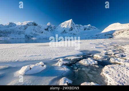 Gefrorener Fjord mit schneebedeckten Bergen, Flakstadpollen, Flakstadoya, Lofoten, Norwegen Stockfoto