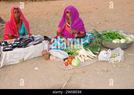Kamelmarkt, Messe, Menschen, Hochzeitsmarkt, Tiere, Wüstenstadt Pushkar (Pushkar Camal Fair), zwei Frauen, die Gemüse auf einem Straßenmarkt verkaufen Stockfoto