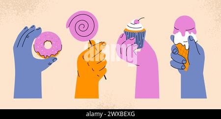 Hände mit Süßigkeiten Set. Blaue und gelbe Arme mit Donught, Kuchen und Lutscher. Süßigkeiten und Gebäck. Aufkleber in sozialen Medien. Zeichentrick-Flachvektor c Stock Vektor