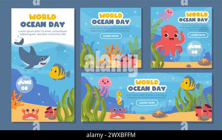 Ocean Day Banner Set. Kraken, Haie und Fische in der Nähe von Riffen und Korralen. Unterwasserbewohner mit Flora und Fauna, wilden Tieren. Comic Flat Vector Collec Stock Vektor