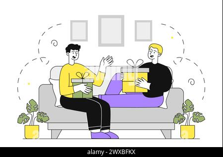 Männer tauschen Geschenke linear aus. Junge Jungs in der Wohnung mit Geschenkboxen. Feiertage und Festival. Die Leute feiern Christusfeier oder Neujahr. Doodle Flat Vektor Stock Vektor