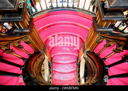 Lello, Treppenhaus, Livraria Lello aus dem Jahr 1881, Buchhandlung, Porto, Blick auf eine geschwungene Holztreppe mit hellrotem Teppich in einem historischen Gebäude Stockfoto