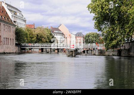 Bootsfahrt auf der L'ILL, Straßburg, Elsass, Stadtlandschaft mit mehreren Brücken über einen Fluss, umgeben von Bäumen, Straßburg, Elsass, Frankreich Stockfoto