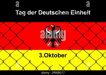 3. Oktober, Tag der Deutschen Einheit, Bundesadler, Nationalfarben, Karte von Deutschland, schwarz-rot-Gold, Maschendrahtzaun Stockfoto