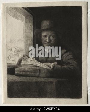 Rembrandt van Rijn (Niederländisch, 1606-1669) Selbstporträt Zeichnung am Fenster Etching , 1648 Stockfoto