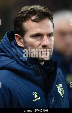 WATFORD, Großbritannien - 29. März 2024: Tom Cleverley, Interim Head Coach von Watford, sieht vor dem EFL-Meisterschaftsspiel zwischen Watford FC und Leeds United in der Vicarage Road (Foto: Craig Mercer/ Alamy Live News) Stockfoto