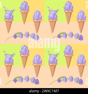 Lavendeleis. Drei Kugeln cremig süßes Dessert in einem Waffelkegel. Violettes Sorbet. Nahtloses Muster. Vektorabbildung. Stock Vektor