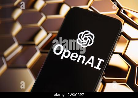 KIEW, UKRAINE - 17. MÄRZ 2024 OpenAI-Logo auf dem iPhone-Display mit Hintergrund der künstlichen Intelligenz futuristischen Ai-generierten Bild Nahaufnahme Stockfoto