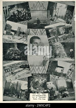 Regisseur Fritz LANG mit Montage der Produktionsfotos während des Bühnenbaus und Dreharbeiten auf Seite aus Originalveröffentlichung britisches Programm für METROPOLIS 1927 Regisseur Fritz LANG Roman und Drehbuch Thea von Harbou Universum Film (UFA) Stockfoto