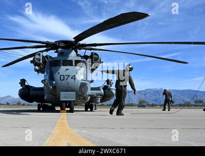 Ein CH-53E Super Hallion Hubschrauber der U.S. Marine Corp, der dem 3. Marine Airlift Wing zugewiesen ist, befindet sich am 28. März 2024 auf der Davis-Monthan Air Force Base, Ariz. Der Super Hallion war ein Fahrzeug, das zur taktischen Rückgewinnung von Flugzeugen und Personal eingesetzt wurde und mehr als 36.000 Pfund transportieren konnte. (Foto der U.S. Air Force von Staff Sgt. Abbey Rieves) Stockfoto