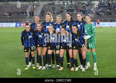 Mailand, Italien. März 2024. FC Internazionale Women Team vor dem Playoff Spiel gegen AS Roma Women spielte in der Arena Civica Gianni Brera (Foto: © Ervin Shulku/ZUMA Press Wire) NUR ZUR REDAKTIONELLEN VERWENDUNG! Nicht für kommerzielle ZWECKE! Stockfoto