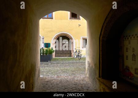 Alte Bogentür in Europa. Eine Tür zu einer Gasse am Ende eines Durchgangs in einer historischen mittelalterlichen europäischen Stadt. Stockfoto